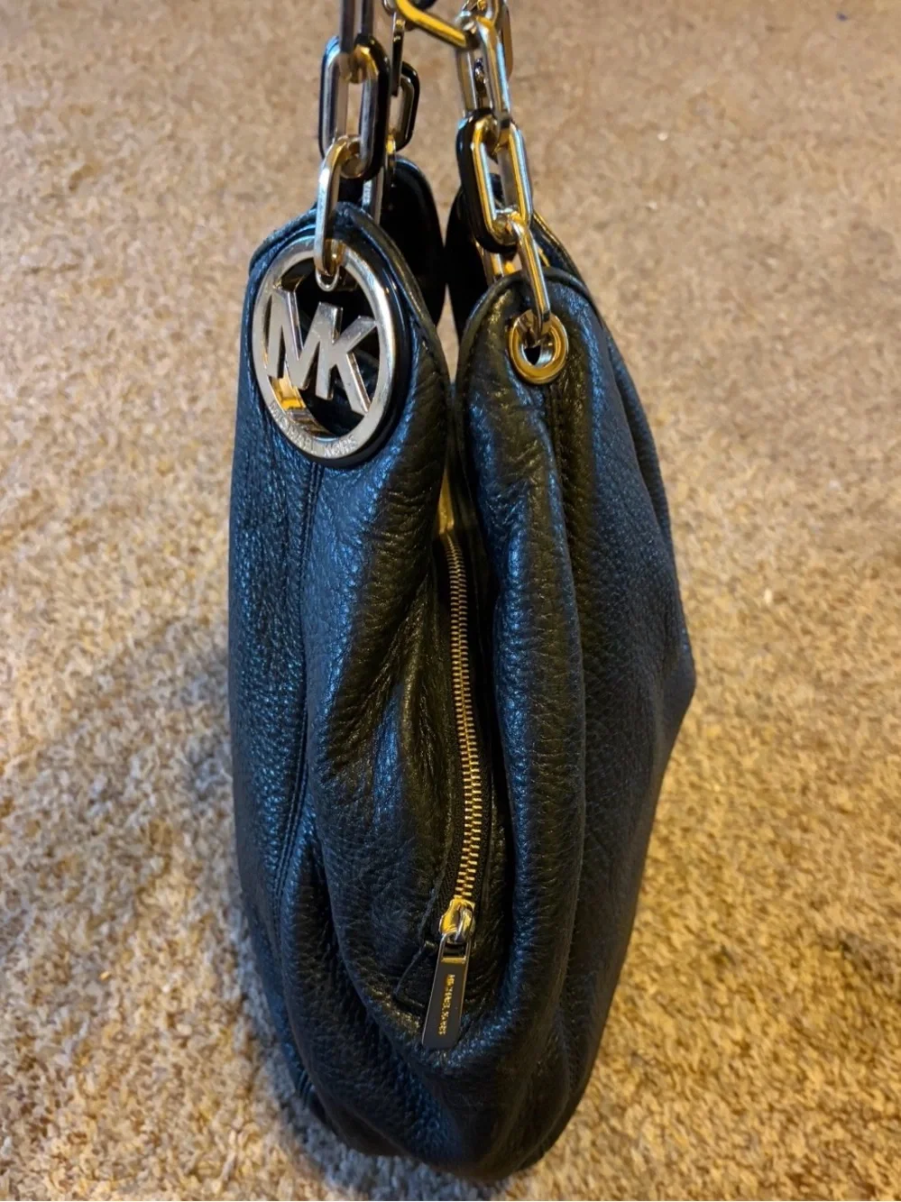 Michael Kors “Fulton” Black Pebbled Leather Hobo Bag with Gold Hardware
